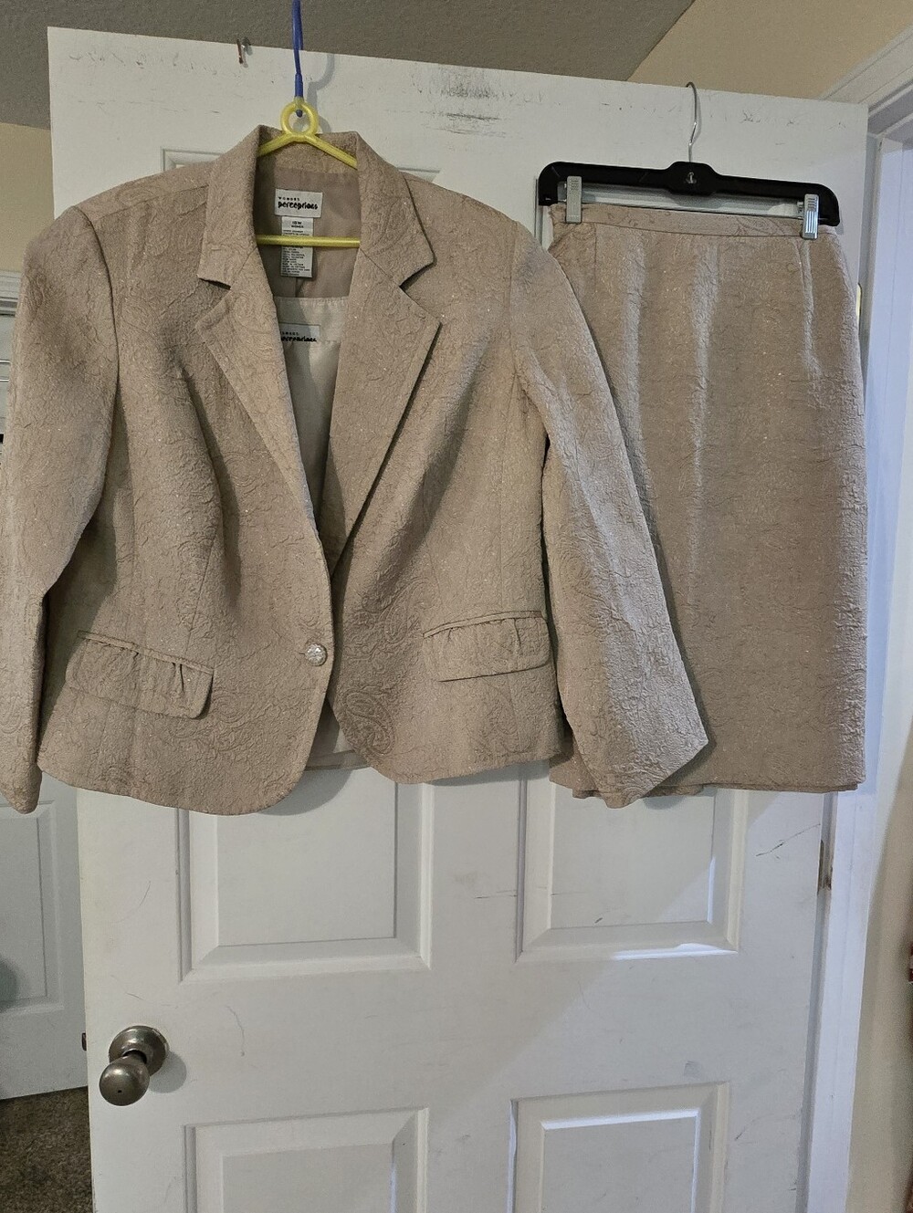 Perceptions 3 Piece Textured Beige Women's Blazer and Skirt Set